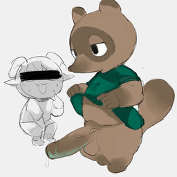 anthro balls big_penis bottomwear brown_body brown_fur chibi clothing duo erection fur genitals humanoid_genitalia humanoid_penis kemono male penis shirt shorts simple_background slightly_chubby topwear masshiro animal_crossing nintendo tom_nook_(animal_crossing) canid canine mammal raccoon_dog tanuki 2020 hi_res