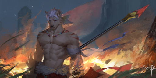 abs anthro blue_eyes bottomwear clothed clothing fire front_view fur hair holding_melee_weapon holding_object holding_polearm holding_spear holding_weapon jewelry male melee_weapon muscular muscular_anthro muscular_male necklace night outside pecs polearm red_bottomwear red_clothing red_stripes solo spear standing star striped_shoulders stripes tan_body tan_fur topless weapon white_hair awaldkize absurd_res hi_res
