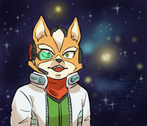 anthro black_nose clothing cosmic_background fur green_clothing green_eyes green_topwear jacket looking_at_viewer male open_mouth orange_body orange_fur red_scarf scarf scouter solo space space_background teeth topwear white_clothing white_jacket white_topwear mito_31_31 nintendo star_fox fox_mccloud canid canine fox mammal