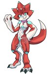 abs anthro athletic athletic_anthro biceps blue_eyes codpiece collar flexing grin horn pecs red_body smile solo umbramoonwake bandai_namco digimon betelgammamon digimon_(species) scalie absurd_res hi_res