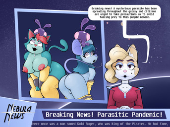 ambiguous_gender anthro balls big_breasts big_butt blonde_hair blue_body blue_eyeshadow blue_fur blue_hair blue_lipstick bodily_fluids breasts brown_eyes butt clothing dialogue drooling eyeshadow femboy fur futuristic genitals group hair hypnosis intelligence_loss lipstick makeup male mind_control news news_report news_reporter nipples open_mouth open_smile parasite purple_body red_hair red_nipples reporter saliva shirt smile speech_bubble spiral spiral_eyes tail text topwear wide_hips yellow_body yellow_fur hypnodoe alien domestic_cat felid feline felis gastropod mammal mollusk mouse murid murine rodent slug english_text hi_res