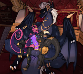 anthro anthro_on_feral bed bestiality big_penis black_body blue_tongue breasts countershading cyanotic_epithelium female female/female feral furniture genitals group holding_penis horn huge_penis kissing lying lying_on_another lying_on_bed male male/female nipple_piercing nipples on_bed orange_body orange_countershading penis piercing pink_body prosthetic prosthetic_arm prosthetic_leg prosthetic_limb purple_body purple_countershading red_eyes size_difference smaller_female tail tongue trio vulva yanne mythology jyrova_(infinium_knight) kiz_emberscale_(dat_otter) klank_(spark.kobbo) dragon kobold mythological_creature mythological_scalie scalie hi_res