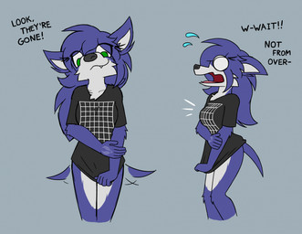 anthro big_breasts black_clothing black_shirt black_topwear bottomless breasts clothed clothing embarrassed empty_eyes female fur green_eyes holding_own_hand looking_at_viewer open_mouth optical_illusion pulling_down_shirt purple_body purple_fur shirt side_view simple_background smile snout solo tail tail_motion tailwag text topwear w0lfmare ember_(bloodline) canid canine canis mammal wolf hi_res
