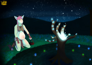 anthro calm druid fangs female fur grass green_eyes hair half-closed_eyes jewelry kneeling magic magic_circle magic_user midriff narrowed_eyes navel necklace night outie_navel outside pink_hair plant pregnant pregnant_female sabertooth_(anatomy) sky smile solo star starry_sky teeth tree tribal tribal_clothing tribal_spellcaster white_body white_fur velocatt felid mammal prehistoric_species saber-toothed_tiger hi_res