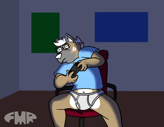anthro blue_clothing blue_shirt blue_t-shirt blue_topwear briefs brown_body brown_fur clothed clothing eyewear fur glasses grey_body grey_fur grey_text hair inside male navel pantsless pantsless_anthro pantsless_male shirt solo t-shirt television_glow tighty_whities topwear underwear white_briefs white_clothing white_hair white_nose white_underwear foxmanad signature