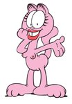 anthro breasts buckteeth female fur genitals hand_on_face nipples nude on_model pink_body pink_fur pussy small_breasts smile solo teeth tooth_gap third-party_edit unknown_artist garfield_(series) arlene_(garfield) domestic_cat felid feline felis mammal