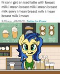 apron apron_only blue_hair clothing coffee_shop counter dialogue_box female freckles green_apron green_clothing green_eyes hair marker mostly_nude number repeated_text solo text time timestamp writing_utensil sufficient_(artist) hasbro i_mean_breast_milk my_little_pony starbucks fan_character milky_way_(flash_equestria) equid equine horse mammal pony english_text hi_res meme