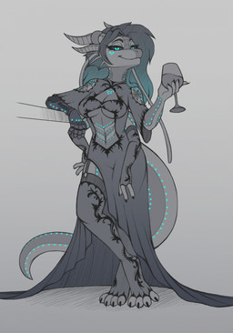 3_fingers 4_arms 4_horns 4_toes 5_fingers alcohol anthro armwear belly_cutout beverage biped black_eyebrows black_hair black_sclera blue_eyes blue_hair breasts claws cleavage cleavage_cutout closed_smile clothed clothed_anthro clothed_female clothing container cup cutout digitigrade dress drinking_glass elbow_gloves eyebrows eyelashes feet female female_anthro finger_claws fingers garter_straps glass glass_container glass_cup gloves gradient_hair grey_background hair half-closed_eyes handwear holding_container holding_cup holding_drinking_glass holding_object holding_wine_glass horn horn_jewelry horn_ring jewelry leaning leaning_on_object leaning_sideways legwear long_hair looking_at_viewer medium_breasts mouth_closed multi_arm multi_horn multi_limb multicolored_hair narrowed_eyes navel prosthetic prosthetic_arm prosthetic_limb pupils ring_(jewelry) scales shoulder_cutout simple_background slit_pupils smile snout solo standing stockings tail tapering_tail thick_tail toe_claws toes two_tone_hair wine wine_glass bluestripedrenulian mythology dragon mythological_creature mythological_scalie scalie 2025 hi_res restricted_palette