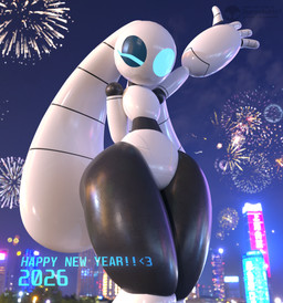 anthro big_butt big_hands black_body blue_eyes blurred_background butt detailed_background female fireworks holidays huge_butt huge_ears huge_thighs jagged_mouth low-angle_view machine one_eye_closed screen_eyes segmented_arms segmented_body smal_waist solo text thick_thighs white_body wide_hips sharpybutts new_year sharpy_(sharpybutts) lagomorph leporid mammal rabbit robot 2026 absurd_res hi_res japanese_text