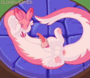 ambiguous_gender anal_wink animal_genitalia anus attached_sheath big_tail blush bodily_fluids breath cum cum_on_face cum_on_own_face cum_on_self cumshot disembodied_hand duo ejaculation eyes_closed feral fur genital_fluids genitals hand_on_face handjob lying male male_focus on_back orgasm panting paws penile penis pink_body pink_eyes pink_fur sex sheath solo_focus tail unusual_anatomy unusual_genitalia unusual_penis vein veiny_penis cloudweaver_(artist) palworld pocketpair chillet chillet_ignis pal_(species) animated
