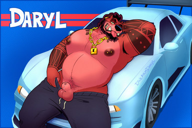 animal_genitalia anthro areola arm_tattoo balls barbell_piercing beard big_muscles big_pecs blep blue_background bodily_fluids body_hair bottomwear bulge car chain_necklace chest_hair clothed clothing clothing_grab cropped_ears curly_hair ear_piercing ear_ring eyebrow_slit eyebrows facial_hair genital_fluids genitals glistening_eyelids gold_(metal) gold_jewelry hair hand_behind_head jewelry lying male mohawk musclegut muscular necklace nipple_dip nipple_piercing nipples no_underwear on_back pants pecs penis piercing pose precum presenting pubes ring_piercing sheath shirtless simple_background smug smug_grin solo sweatpants tattoo tongue tongue_out tusks vehicle ventral_groove conditional_dnp dickarmdaryl nissan nissan_gt-r nissan_skyline dog_daryl_(dickarmdaryl) bird_dog canid canine canis domestic_dog hunting_dog labrador mammal pit_bull pitador retriever 2025 3:2 colored digital_drawing_(artwork) digital_media_(artwork) halftone shaded signature widescreen