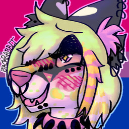 ambiguous_form ambiguous_gender bisexual_pride_colors blush blush_lines blush_stickers collar countershading cute_fangs diamond_pupils drugs ear_piercing facial_piercing fangs glistening glistening_eyes glistening_hair hair happy leopard_spots lgbt_pride marijuana nose_piercing piercing pride_color_background pride_colors pupils red_sclera simple_background solo sparklefur spiked_collar spikes spots substance_intoxication teeth tongue tongue_out unusual_pupils jackrabbit_(artist) cocktail_vomitheart canid canine canis domestic_dog mammal 1:1 2025 digital_media_(artwork) digital_painting_(artwork) ibispaint_(artwork) low_res painting_(artwork) shaded