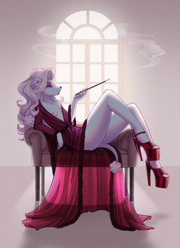anthro bathrobe breasts clothing curly_hair female footwear hair high_heels robe shoes small_breasts smoking solo translucent translucent_clothing window taleriko canid canine canis domestic_dog mammal poodle absurd_res hi_res