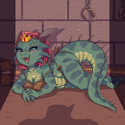 anthro blue_eyes blush breasts bucket claws cleavage clothed clothing container crown cute_fangs detailed_background digitigrade eyelashes fangs female green_body green_scales hair hay headgear horn inside looking_at_viewer lying naughty_face navel non-mammal_breasts off_shoulder on_side open_mouth princess red_hair royalty scales shadow skimpy smile solo spiked_tail spikes spikes_(anatomy) tail teeth thick_thighs wide_hips plagueofgripes towergirls kobold_princess kobold scalie 1:1 2016 absurd_res hi_res