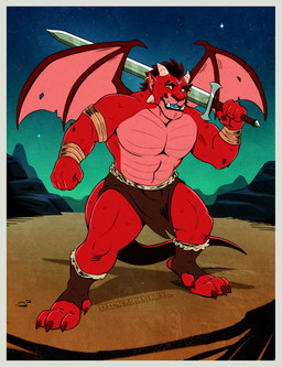 anthro armband blue_tongue bottomwear claws clothing detailed_background dewclaw digitigrade ear_piercing ear_ring eyebrow_scar eyebrows facial_scar fighting_pose footwear greatsword hair head_markings horn loincloth male markings membrane_(anatomy) membranous_wings mohawk muscular muscular_anthro muscular_male night piercing pointy_ears pose ring_piercing scales scar sharp_teeth short_horn small_horn solo spiky_hair star tail teeth thick_thighs toeless_footwear tongue tusks weapon weapon_on_shoulder wings wristband conditional_dnp dickarmdaryl european_mythology mythology dragoyle_daryl_(dickarmdaryl) dragon dragoyle gargoyle hybrid mythological_creature mythological_scalie scalie western_dragon 2024 digital_drawing_(artwork) digital_media_(artwork) full-length_portrait hi_res portrait watermark