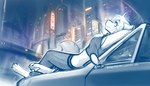 2023 7:4 adobe_photoshop_(artwork) anthro barefoot billboard breasts building canid canine canis car chest_tuft city cityscape claws clothed clothing conditional_dnp crop_top crossed_legs cyberpunk detailed_background digital_media_(artwork) digitigrade feet female fur hair hands_behind_head hi_res keidran lounging lying lying_on_car mammal midriff monochrome night on_back pawpads paws raine_silverlock rapid_transit shirt sketch skyscraper smile solo spot_color star street_lamp tail text toe_claws tom_fischbach topwear train tuft twokinds vehicle wire wolf yellow_eyes