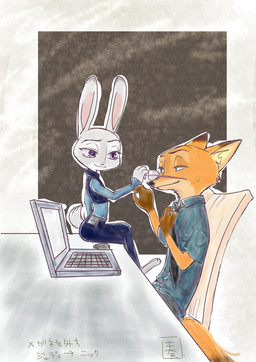 :3 anthro black_bottomwear black_clothing black_eyebrows black_nose black_pants blue_bottomwear blue_clothing blue_pants bottomwear brown_ears brown_hands chair closed_smile clothing computer countershading desk dipstick_ears duo ear_markings ears_up electronics eyebrows eyelashes eyewear female female_anthro fur furniture glasses green_eyes grey_body grey_countershading grey_ears grey_fur grey_tail hair laptop male male_anthro mouth_closed multicolored_ears narrowed_eyes necktie orange_ears orange_hair orange_tail pants pink_inner_ear pink_nose police police_uniform pupils purple_eyes scut_tail short_tail sitting_on_desk smile table tail tan_body tan_countershading tan_fur tan_inner_ear text thin_eyebrows topwear two_tone_ears uniform vest sou disney zootopia judy_hopps nick_wilde canid canine european_rabbit fox lagomorph leporid mammal oryctolagus rabbit red_fox true_fox artist_name japanese_text signature translation_request