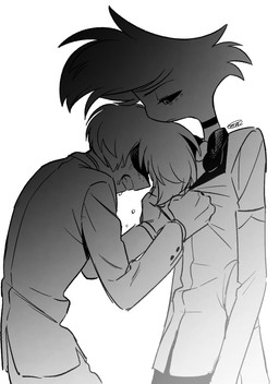 4_arms anthro bodily_fluids clothed clothing crying duo male multi_arm multi_limb simple_background tears white_background enaic31 hazbin_hotel hellaverse angel_dust arachnid arthropod demon human mammal spider absurd_res hi_res monochrome