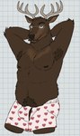 anthro antlers arm_hair armpit_hair barely_visible_genitalia bedroom_eyes belly biped black_nose body_hair boxers_(clothing) brown_body brown_eyebrows brown_eyes brown_fur bulge checkered checkered_background chest_hair clothed clothing eyebrows eyewear fur genitals glasses hair hands_behind_head happy_trail heart_boxers heart_clothing heart_pattern heart_symbol heart_underwear horn looking_at_viewer male male_anthro multicolored_body multicolored_clothing multicolored_underwear narrowed_eyes navel overweight overweight_anthro overweight_male partially_clothed partially_clothed_male pattern_background pubes raised_eyebrow seductive short_hair simple_background solo standing underwear white_background white_sclera unsafescapewolf echo_(series) echo_project the_smoke_room avery_(the_smoke_room) deer mammal 2024 digital_drawing_(artwork) digital_media_(artwork) hi_res portrait three-quarter_portrait