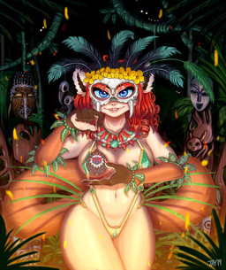 clothing dancing female floral flower flower_crown flower_garland forest garland jewelry jungle mask plant solo tiki tree tribal tribal_jewelry lemur2003 marina_mandry humanoid lemur mammal primate strepsirrhine digital_media_(artwork) shaded