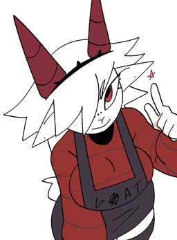 2_horns 5_fingers absolute_territory anthro apron breasts clothed clothed_anthro clothed_female clothing eyebrows eyelashes female female_anthro fingers grey_apron grey_clothing hair hair_over_eye head_horn high-angle_view horn legwear mouth_closed occult_symbol one_eye_obstructed pentagram red_clothing red_eyes red_horn red_shirt red_topwear shirt simple_background solo star symbol tail text text_on_apron text_on_clothing thigh_highs topwear white_background white_body white_eyebrows white_hair white_sclera white_tail xarop77 bovid caprine goat mammal 2025 digital_drawing_(artwork) digital_media_(artwork) hi_res portrait
