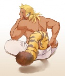 blonde_hair blue_eyes clothed clothing hair looking_at_viewer male muscular muscular_humanoid muscular_male simple_background sitting smile solo stripes tail topless white_background kuronezumiinu breath_of_fire capcom cray animal_humanoid felid felid_humanoid humanoid mammal mammal_humanoid pantherine pantherine_humanoid tiger tiger_humanoid