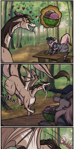 accidental_vore belly big_belly big_butt black_body black_fur brown_hair butt butt_expansion clothing digestion duo expansion feral feral_pred forest fur furniture hair hat headgear headwear huge_belly huge_butt male male_pred oral_vore outside overweight plant size_difference smaller_pred table tree vore weight_gain wings jessicarae mythology ribbon_(bowhuskers) dragon mythological_creature mythological_scalie scalie 2024 absurd_res comic hi_res long_image tall_image
