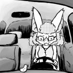 1:1 anthro bat black_and_white car clothing cross d20 d4 dice draconicmentalist eyewear female glasses hair inside_car mammal monochrome rubber_duck solo vehicle