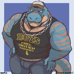 anthro blue_body bottomwear chain clothing denim denim_bottomwear denim_clothing hat headgear headwear jeans male muscular muscular_anthro muscular_male orange_body pants shirt solo teeth topwear nanoff meme_clothing dinosaur prehistoric_species reptile scalie 1:1 2024 hi_res meme