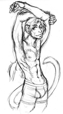 5_fingers abs anthro boxer_briefs bulge clothed clothing fingers hair hands_behind_head long_hair looking_at_viewer male muscular muscular_male nipples ponytail raised_arms simple_background smile solo tail topless underwear white_background lolverine haplorhine mammal monkey primate 2010 monochrome signature