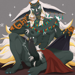 3_eyes 4_horns 4_toes 5_fingers abs accessory anthro armpit_hair ball_tuft balls bedroom_eyes big_penis biped black_bottomwear black_clothing blonde_hair blue_claws blue_eyes bodily_fluids body_hair bottomwear claws clothed clothed_anthro clothed_male clothing clothing_lift cum cum_drip digit_ring dripping ear_piercing ear_ring ears_down erection eyelashes feet finger_claws fingers foreskin fur genital_fluids genitals glans green_balls green_body green_fur green_nipples green_penis hair heart_symbol horn horn_sheath humanoid_genitalia humanoid_penis jewelry long_ears long_hair looking_at_viewer male male_anthro mismatched_genitalia mismatched_humanoid_penis mismatched_penis multi_eye multi_horn multicolored_bottomwear multicolored_clothing multicolored_hair muscular muscular_anthro muscular_male narrowed_eyes navel necklace nipples one_eye_closed orange_horn partially_retracted_foreskin penis piercing pink_glans pink_nose pivoted_ears pointy_ears presenting presenting_penis prick_ears pubes red_bottomwear red_clothing ring_piercing seductive sitting solo sparkles text throbbing throbbing_penis toe_claws toes topless topless_anthro topless_male tuft two_tone_hair vein veiny_penis white_eyelashes white_hair white_pubes isaacyote nintendo tears_of_the_kingdom the_legend_of_zelda rauru_(tears_of_the_kingdom) mammal zonai 1:1 2026 artist_name digital_media_(artwork) hi_res
