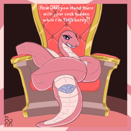 annoyed bestiality chair dominant dominant_female female feral furniture genitals looking_at_viewer needy on_chair presenting presenting_vulva solo talking_to_viewer throne vulva zevex reptile scalie snake