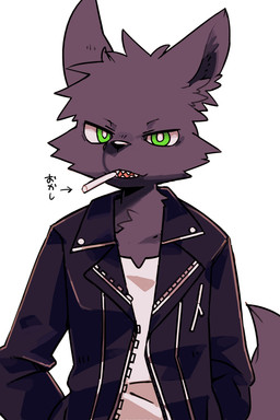 anthro biker_jacket biped candy cheek_tuft chest_tuft clothed clothed_anthro clothed_male clothing dessert dog_tail facial_tuft food front_view fully_clothed fully_clothed_anthro fully_clothed_male green_eyes half-closed_eyes hand_in_pocket head_tuft looking_at_viewer male narrowed_eyes pockets sharp_teeth shirt simple_background slim slim_anthro slim_male solo teeth topwear tuft undershirt white_background pizademokttero nifram_logan canid canine canis mammal wolf 2023 2:3 absurd_res cel_shading digital_drawing_(artwork) digital_media_(artwork) half-length_portrait hi_res portrait shaded