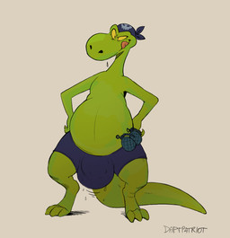 3_toes anthro balls balls_outline bare_shoulders belly big_balls big_penis biped blue_bottomwear blue_clothing blue_shorts bodily_fluids bottomwear bulge claws clothed clothing detailed_bulge explosives feet genital_outline genitals green_body grenade hand_on_hip kerchief licking licking_lips male partially_clothed penis penis_outline saliva shorts simple_background smile snout solo standing sweat sweatdrop tail thick_tail toes tongue tongue_out weapon wide_hips yellow_eyes daftpatriot eek!_the_cat fox_kids nelvana the_terrible_thunderlizards squatt_(the_terrible_thunderlizards) allosaurid allosauroid allosaurus dinosaur prehistoric_species reptile saurischian scalie theropod 2026 hi_res signature