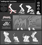 ambiguous_gender anthro avian_feet beak claws clothing design_sheet feathers featureless_crotch feet foot_focus footwear furgonomic_footwear furgonomics nude removing_shoes scales solo standing text undressing winged_arms wings fireflufferz avian black_and_white english_text hi_res model_sheet monochrome