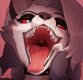 anthro bodily_fluids collar eyebrows eyelashes female fingers gaping_mouth hair looking_at_viewer mouth_shot open_mouth raised_eyebrow red_sclera saliva saliva_on_tongue saliva_pooling saliva_string sharp_teeth simple_background solo spiked_collar spikes taste_buds teeth throat tongue tongue_out uvula mr.solar hellaverse helluva_boss mythology loona_(helluva_boss) canid canid_demon canine demon hellhound mammal mythological_canine mythological_creature 2026 digital_media_(artwork) hi_res