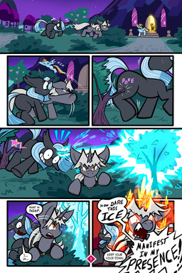 6_panel_comic ambiguous_gender angry black_text blue_hair branch building detailed_background dialogue door ellipsis exclamation_point feral fire green_eyes group hair hooves horn ice looking_back magic motion_lines night open_mouth open_smile orange_eyes outside page_number plant quadruped question_mark shrub sky smile sneaking sound_effects speech_bubble stairs tail talking_to_another text tongue toony white_sclera white_text virmir friendship_is_magic hasbro my_little_pony rainbow_dash_(mlp) virmir_(character) equid equine horse mammal pony 2026 2:3 absurd_res comic english_text hi_res signature