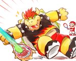 2020 5:4 anthro armband ball belly black_clothing black_footwear black_shirt black_shoes black_topwear blush bottomwear bowser bracelet claws clothing collar duo footwear hair headgear headwear hi_res horn human jewelry kemono koopa lates male mammal mario mario_bros mario_tennis mario_tennis_aces multicolored_body nintendo overweight overweight_male red_bottomwear red_clothing red_hair red_shorts scalie shell shirt shoes shorts simple_background sneakers solo_focus spiked_armband spiked_bracelet spiked_collar spiked_shell spikes spikes_(anatomy) sport t-shirt tennis tennis_ball tennis_racket text text_on_clothing text_on_headwear topwear