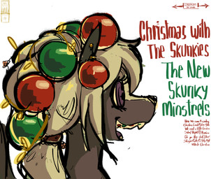 anthro black_body braces clothing female fur hair headgear headwear holidays ornament simple_background solo text vinyl_record white_body scrambledeve christmas samantha_(bateryne) mammal mephitid skunk cover_art hi_res