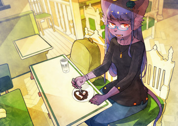accessory anthro cake clothed clothing cutlery dessert eating eyewear female food fork fur glasses hair hair_accessory jewelry kemono kitchen_utensils long_hair necklace purple_hair sitting solo tools idkuroi noire_kooshe domestic_cat felid feline felis mammal 2018