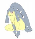 2019 blush breasts elpatrixf embarrassed female generation_3_pokemon humanoid mawile nintendo nipples nude pokemon pokemon_(species) red_eyes simple_background solo white_background yellow_body