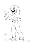 3_toes anthro barefoot bottomwear clothed clothing feet flower fur happy holding_flower holding_object looking_at_flower looking_at_object looking_at_plant male open_mouth plant solo standing toes topwear white_body white_fur young young_anthro giru_(artist) undertale undertale_(series) asriel_dreemurr flowey_the_flower bovid caprine goat mammal black_and_white hi_res monochrome