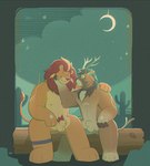 animal_genitalia anthro antlers balls cactus casual_nudity cloud collar crescent_moon duo eye_contact flaccid fur genitals green_background hair horn leg_tattoo looking_at_another male male/male mane markings moon nipples nude one_eye_closed orange_body orange_fur outside penis penis_tip plant pubes red_mane romantic romantic_couple sheath simple_background sitting sitting_on_log smile social_nudity star tattoo toothy_grin wink raulrvl norman_lionheart deer felid lion mammal pantherine hi_res