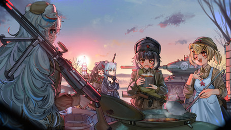 :d >_< >o< alcohol anti-materiel_rifle apron arm_around_shoulders bad_trigger_discipline beverage black_hair blonde_hair blue_eyes bottle clothed clothed_female clothed_humanoid clothing container eyes_closed female grey_hair group gun hair handgun hat headgear headwear holding_bottle holding_container holding_gun holding_handgun holding_ladle holding_object holding_pistol holding_ranged_weapon holding_rifle holding_tool holding_utensil holding_weapon kitchen_utensils ladle looking_at_viewer military_uniform one_eye_closed open_mouth open_smile pistol ppsh-41 ptrs-41 ranged_weapon red_cross red_eyes red_star rifle russian smile soviet_union star_polygon star_pupils submachine_gun sunrise tank_(vehicle) tokarev tools uniform ushanka vehicle vodka weapon white_hair kouroukun arknights hypergryph studio_montagne gummy_(arknights) istina_(arknights) leto_(arknights) rosa_(arknights) zima_(arknights) animal_humanoid bear humanoid mammal mammal_humanoid ursid_humanoid 16:9 2023 4k absurd_res hi_res widescreen