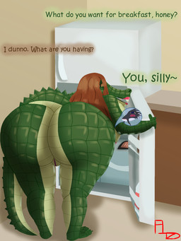 anthro appliance bent_over_with_legs_held_straight big_butt blue_eyes blush brown_eyes butt dialogue female fin fridge genitals huge_butt kitchen kitchen_appliance lips muscular natural_colors nude pupils sentient_fat sharp_teeth slit_pupils solo talking_to_another talking_to_partner teeth text vulva flightlesslizard riley_(flightlesslizard) alligator alligatorid aquatic catfish crocodilian fish reptile scalie 3:4 comic english_text hi_res