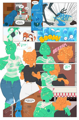 anthro blue_body bodily_fluids breast_play breast_suck breasts building clothing duo explosives female female/female gender_transformation goo_transformation grenade hair hand_on_breast house intersex intersex/female male male/female melting melting_body oozing orange_body orange_eyes orange_hair outside ovum solo sucking sweat sweaty_clothing sweaty_shirt sweaty_topwear tail text transformation weapon amara_burrger ailurid avian bird goo_creature mammal red_panda comic english_text hi_res