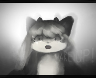 angry anthro bangs black_eyes black_nose bodily_fluids chest_tuft exclamation_point female female_anthro first_person_view fur grey_body grey_ears grey_fur grey_sky hair horn kemono long_hair looking_at_viewer looking_down open_mouth pupils sharp_teeth sky solo sun tears teeth text tongue tuft white_body white_fur white_hair hasukii vea_(hasukii) canid canine mammal english_text