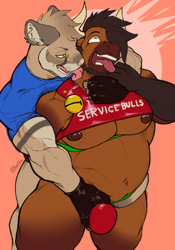 4_fingers abstract_background anthro arm_grab arm_markings barazoku beard bell bell_harness belly biceps big_muscles big_pecs biped bite bite_mark bite_mark_on_chest bite_mark_on_shoulder black_beard black_eyebrows black_facial_hair black_hair black_hands blue_clothing blue_shirt blue_topwear brown_body brown_clothing brown_eyes brown_gloves brown_hair brown_handwear brown_nipples brown_nose bulge bulge_grab christmas_clothing clothing dominant dominant_anthro dominant_male duo eyebrows facial_hair facial_markings fingerless_gloves fingers fucked_silly gloves gloves_(marking) hair handwear harness head_markings holidays horn inner_ear_fluff jingle_bell jingle_bell_harness jockstrap licking looking_at_another looking_at_partner looking_pleasured male male/male markings multicolored_body musclegut muscular muscular_anthro muscular_male muzzle_(marking) navel neck_grab nipples obscured_penetration pecs red_clothing red_harness red_jockstrap red_underwear service service_bull shirt simple_background slightly_chubby slightly_chubby_anthro slightly_chubby_male submissive submissive_anthro submissive_male t-shirt tail teeth text text_on_clothing text_on_harness thick_thighs tight_clothing tight_shirt tight_t-shirt tight_topwear tongue tongue_out topwear triceps tuft two_tone_body underwear vein veiny_arms white_horn yellow_eyes khayen christmas khayen_(character) bovid bovine cattle cougar felid feline mammal 2025 absurd_res artist_name colored digital_drawing_(artwork) digital_media_(artwork) english_text hi_res signature