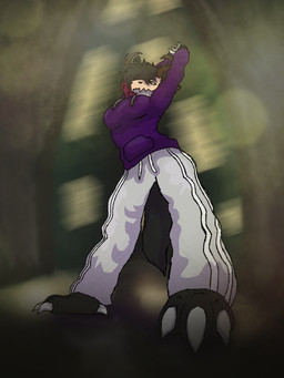 anthro antlers big_breasts black_body black_fur bone bone_mask bottomwear breasts claws clothing female fur grey_body grey_fur hair hoodie horn looking_at_viewer mask multicolored_body multicolored_hair pants purple_clothing purple_hoodie purple_topwear skull skull_mask slim solo stretching sweatpants topwear wide_angle notkojiro american_mythology indigenous_north_american_mythology mythology north_american_mythology willow_(notkojiro) cryptid wendigo 3:4 hi_res