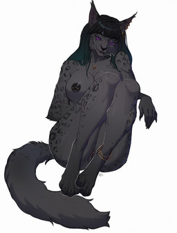 5_fingers anthro black_body black_fur black_nose chair cheek_tuft clitoris clitoris_piercing ear_piercing ear_tuft facial_tuft female fingers fur furniture genital_piercing genitals gold_(metal) gold_jewelry green_hair hair jewelry looking_at_viewer nipple_piercing nipples on_chair paws piercing purple_eyes sitting sitting_on_chair solo tuft moirah karma_(moirah) domestic_cat felid feline felis mammal 2025 absurd_res hi_res